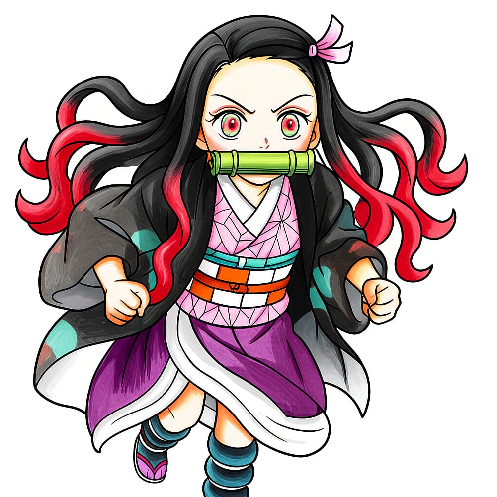 Chibi Nezuko Dashing Forward Coloring Page colored version