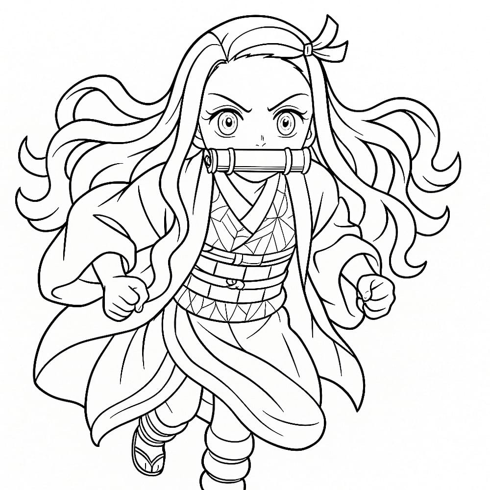 Chibi Nezuko Dashing Forward Coloring Page coloring page