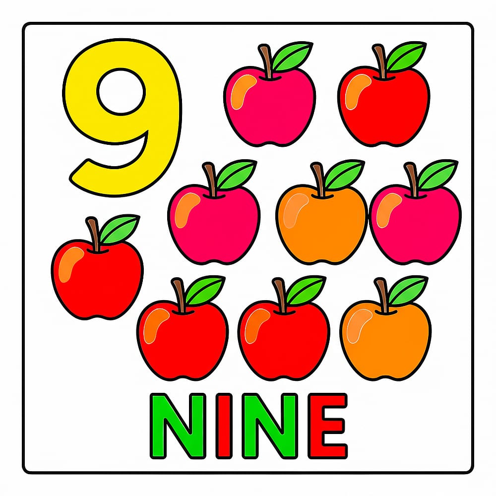 Count and Color Nine Apples Coloring Page colored version