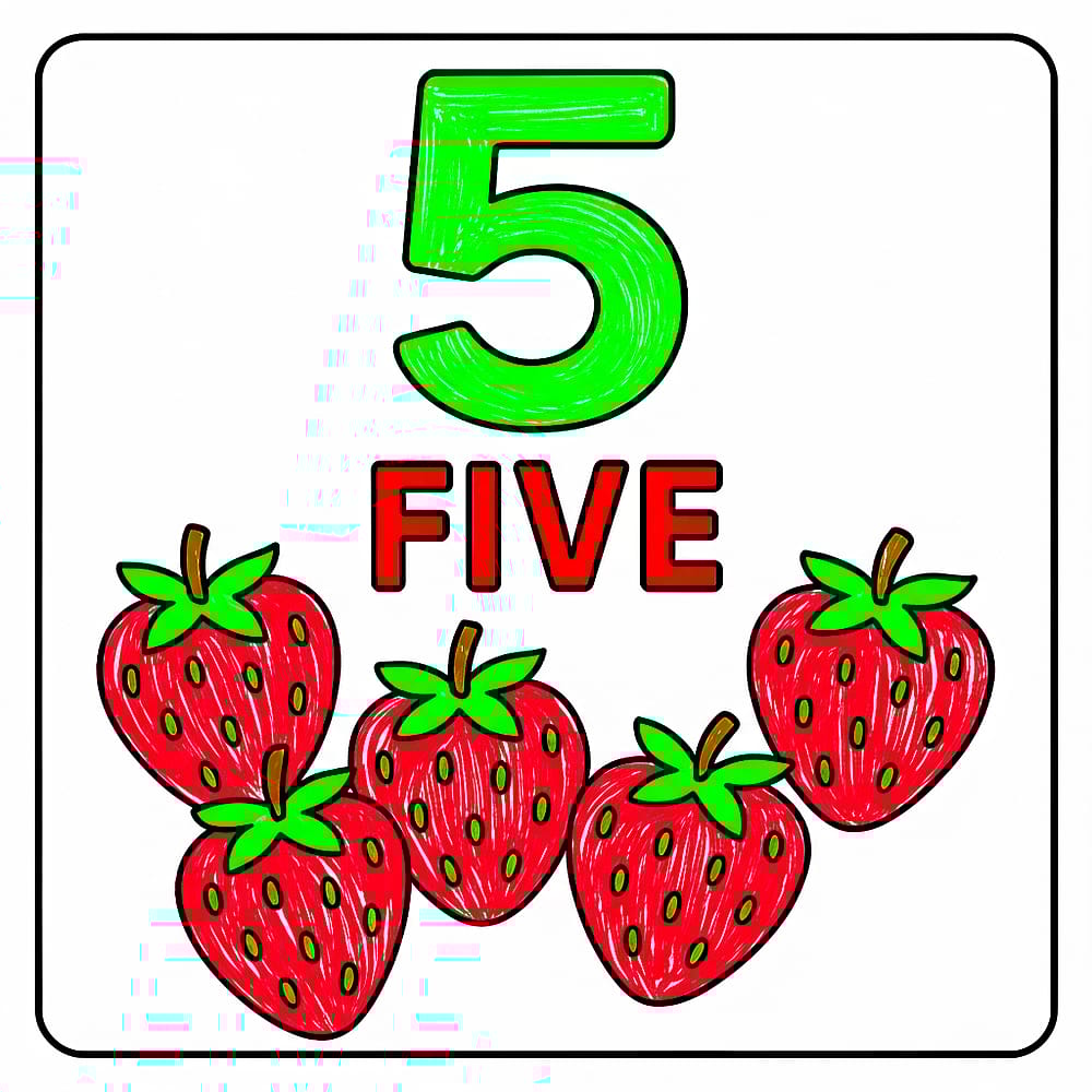 Count Five Sweet Strawberries Coloring Page colored version