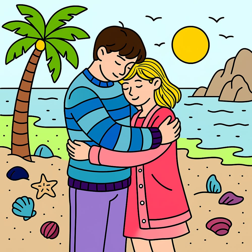 Loving Beach Embrace Scene Coloring Page colored version