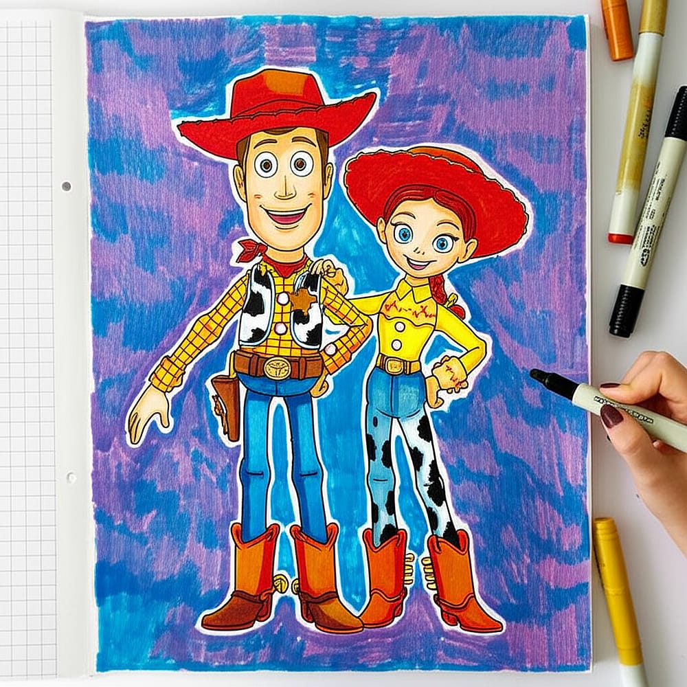 Cowboy and Cowgirl Pals Coloring Page colored version