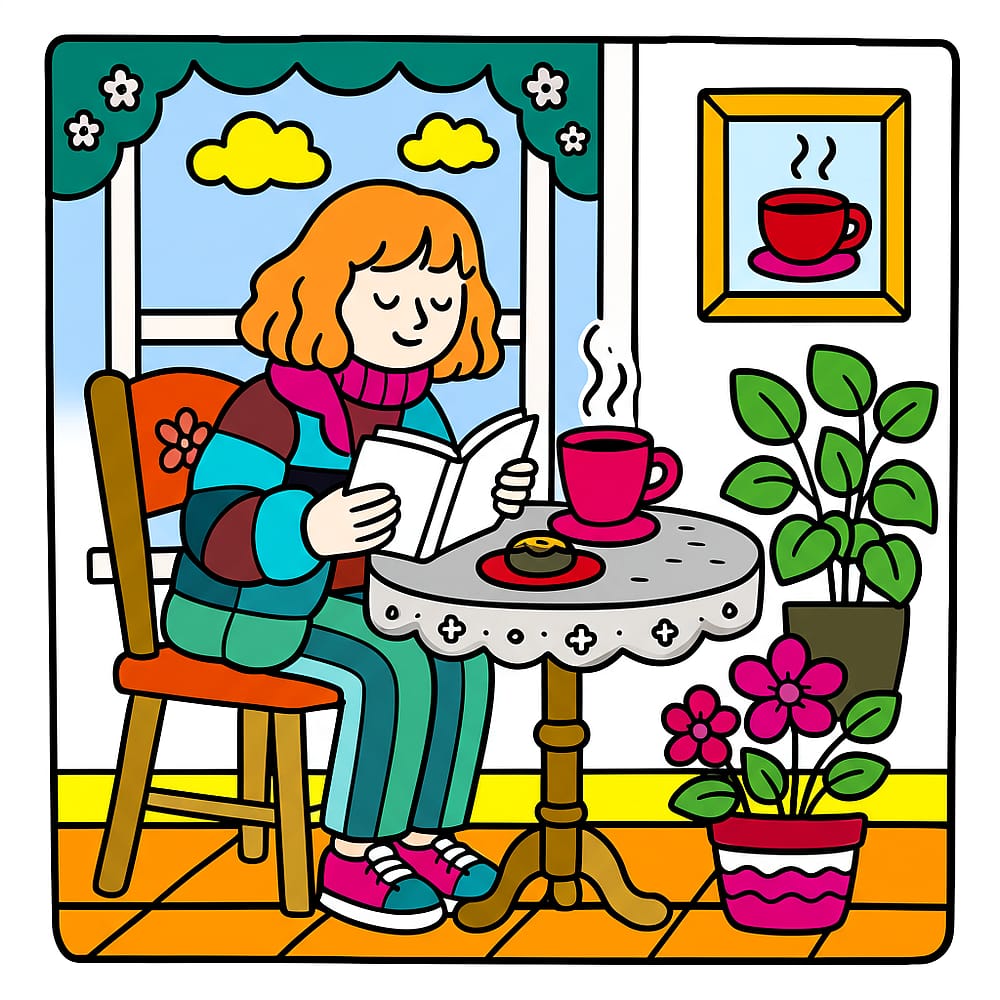 Cozy Cafe Reading Nook Coloring Page colored version