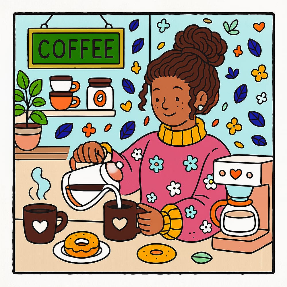 Cozy Coffee Pour Moment Coloring Page colored version