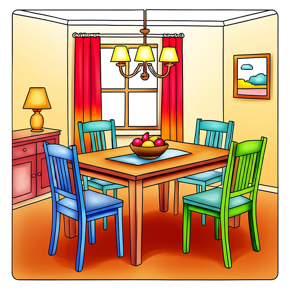 Cozy Dining Room Scene Coloring Page colored version