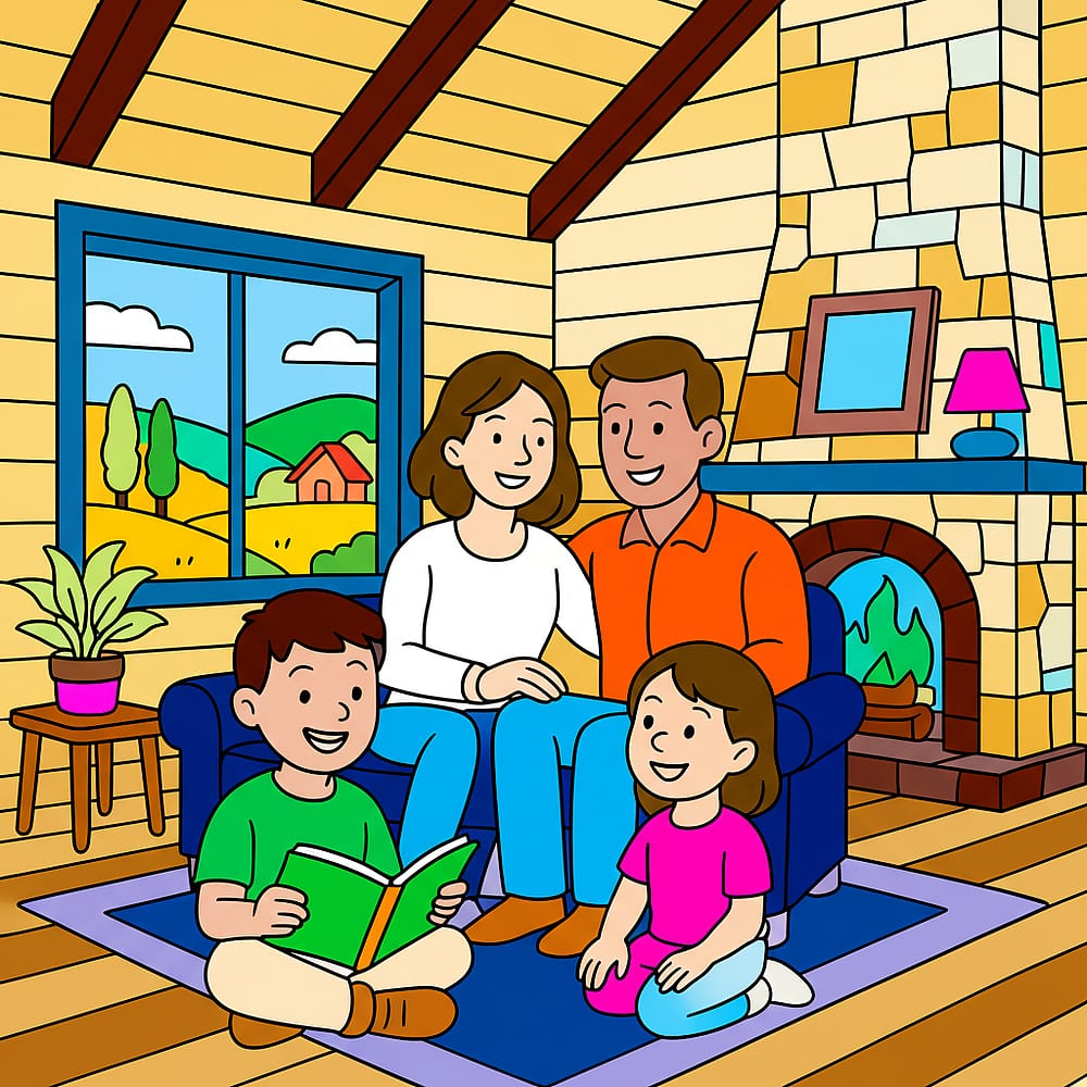 Cozy Family Reading Time Coloring Page colored version