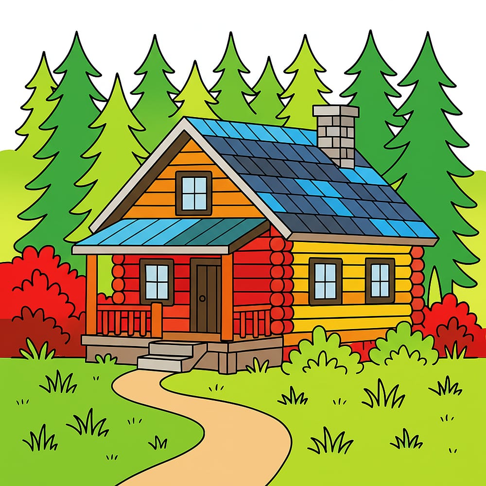 Cozy Forest Log Cabin Coloring Page colored version