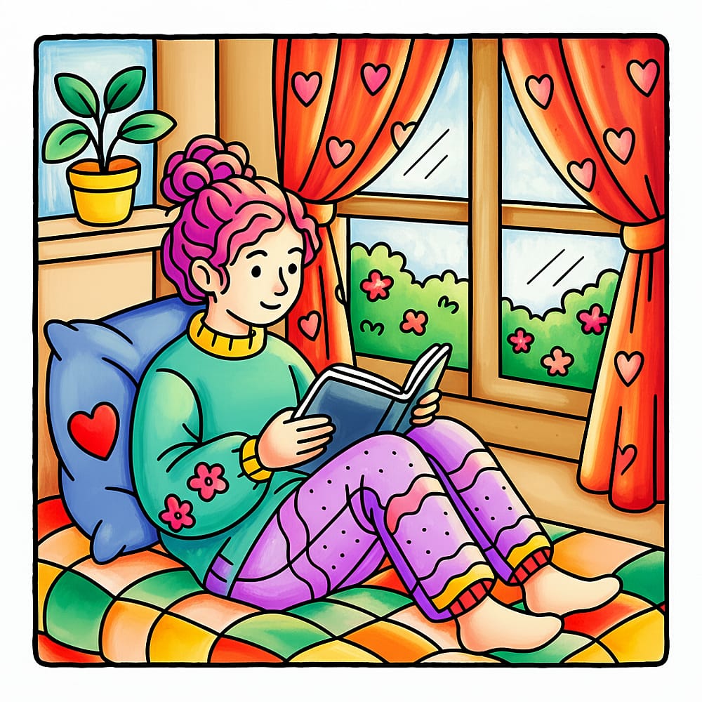 Cozy Reading Nook Girl Coloring Page colored version