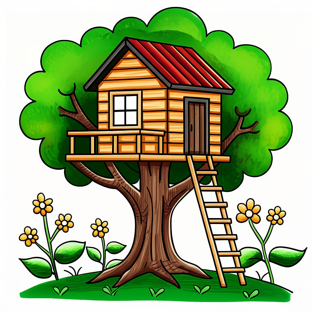 Cozy Treetop Hideaway Coloring Page colored version