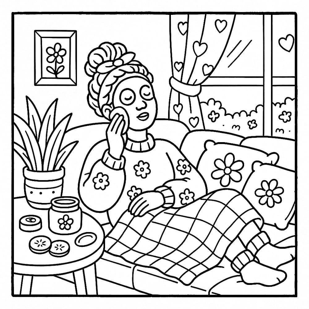 Cozy Self-Care Day Coloring Page coloring page