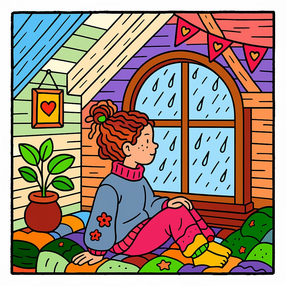 Cozy Attic Rainy Day Coloring Page colored version