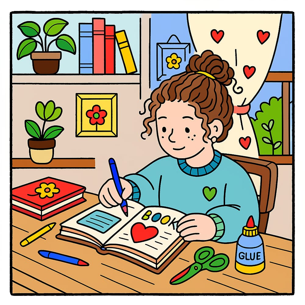 Creative Girl Scrapbooking Fun Coloring Page colored version