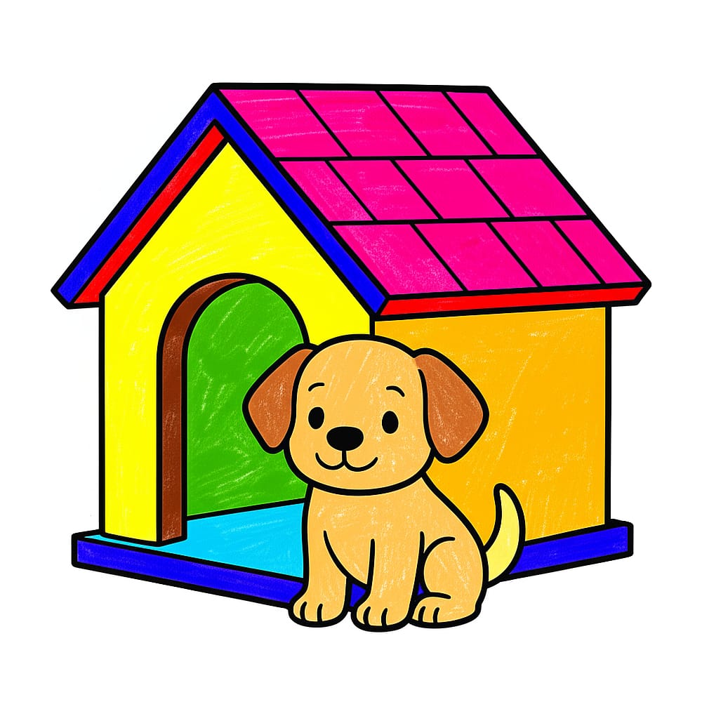 Cute Puppy Doghouse Coloring Page colored version
