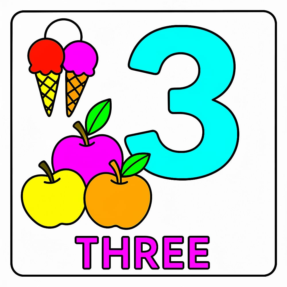 Delightful Number Three Counting Coloring Page colored version