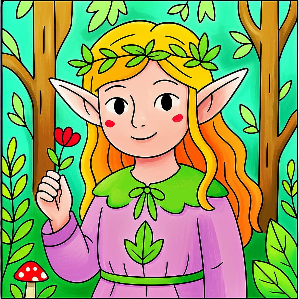 Enchanting Forest Elf Maiden Coloring Page colored version