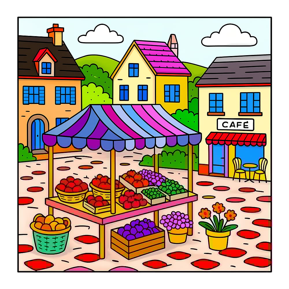 European Market Delight Coloring Page colored version