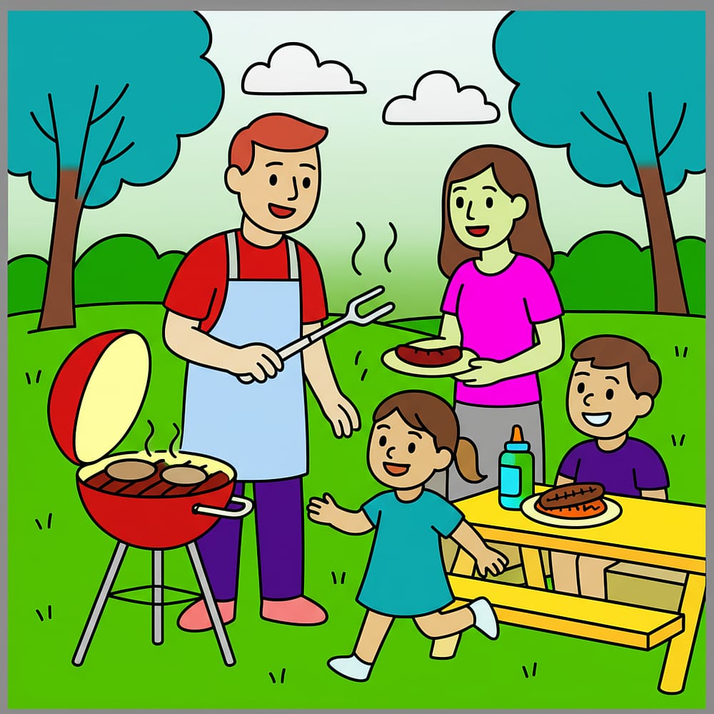 Family Barbecue Fun Time Coloring Page colored version