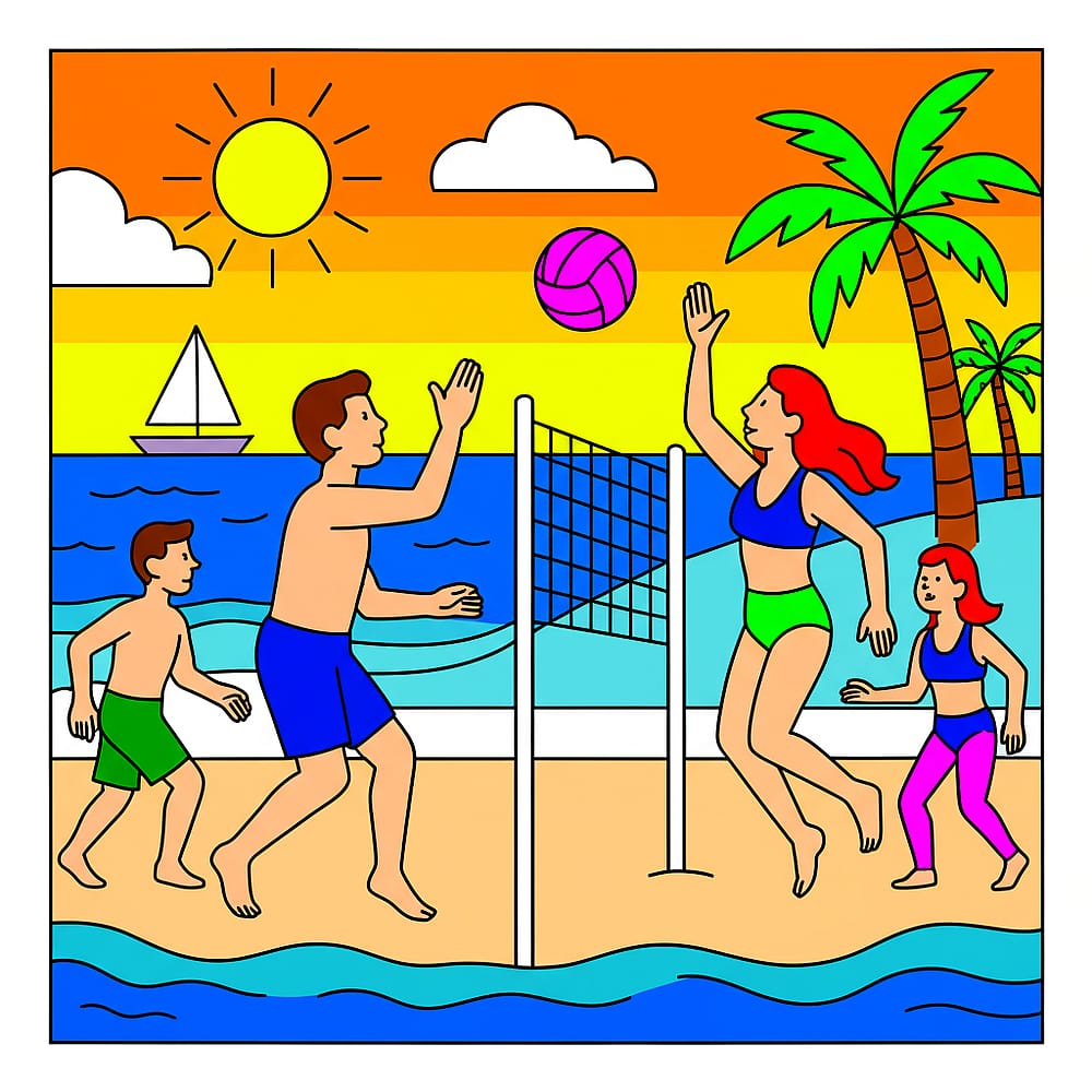 Family Beach Volleyball Fun Coloring Page colored version