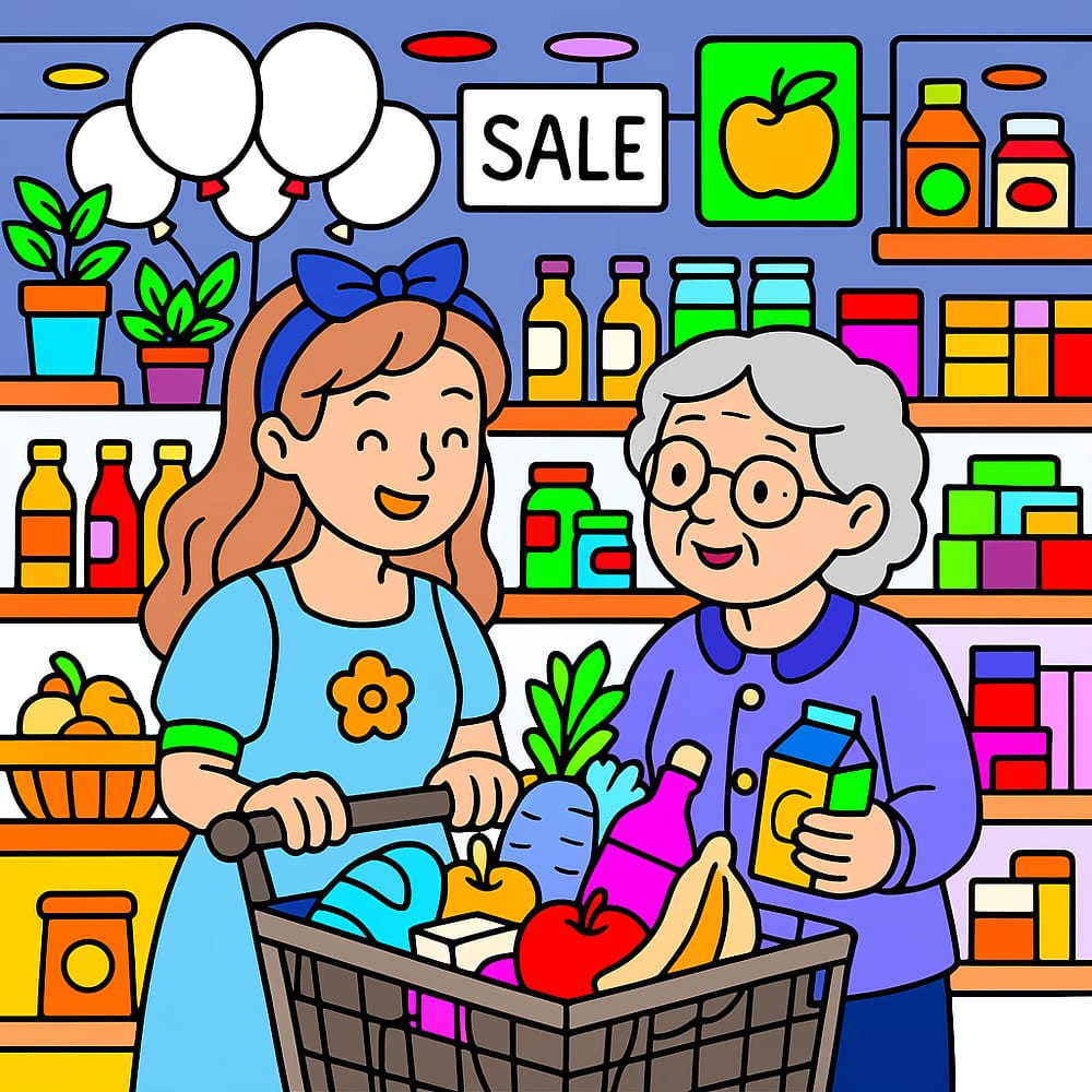 Grandma and Granddaughter's Grocery Trip colored version