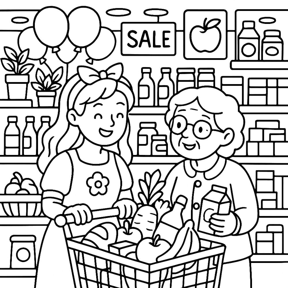 Grandma and Granddaughter's Grocery Trip coloring page