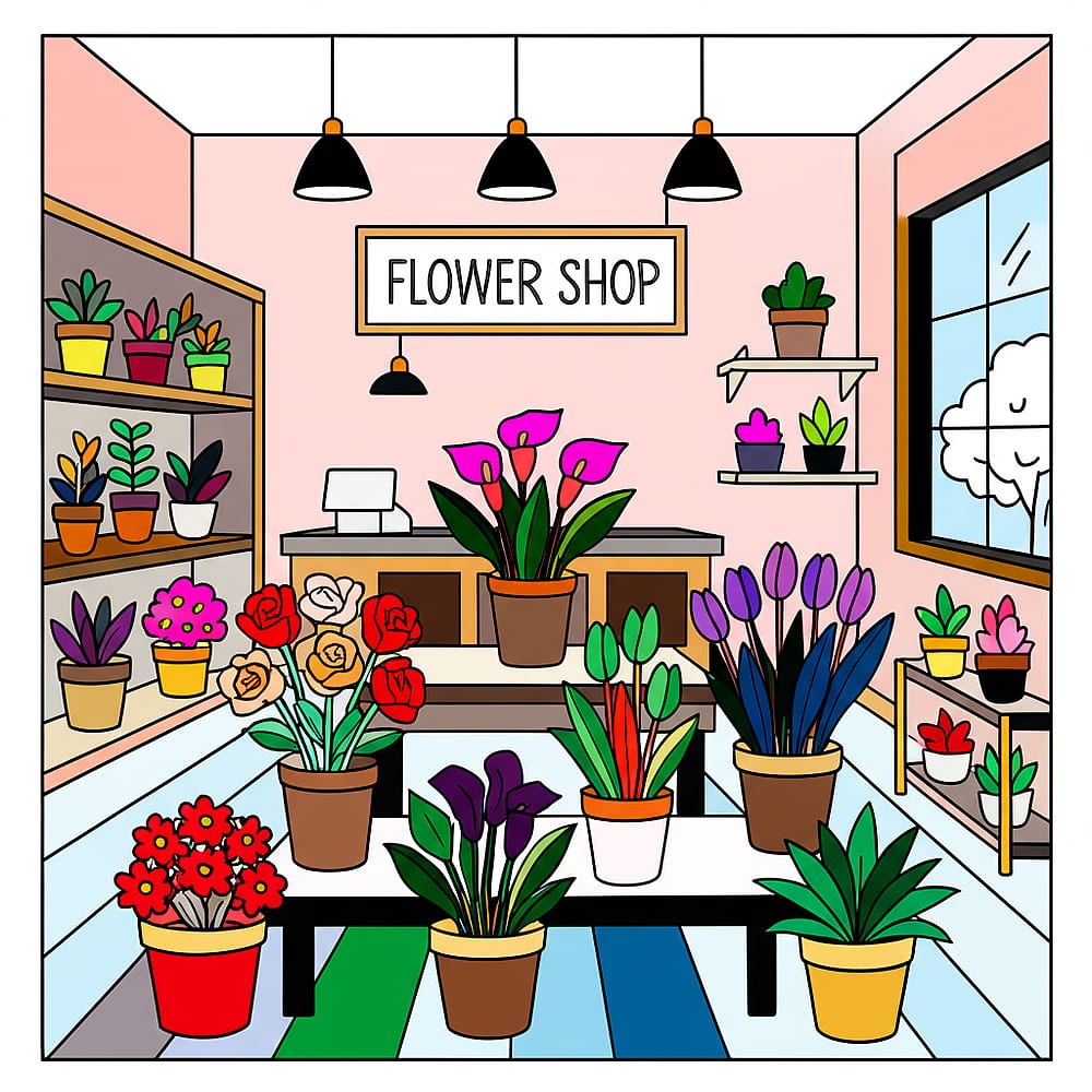 Charming Flower Shop Interior Coloring Page colored version