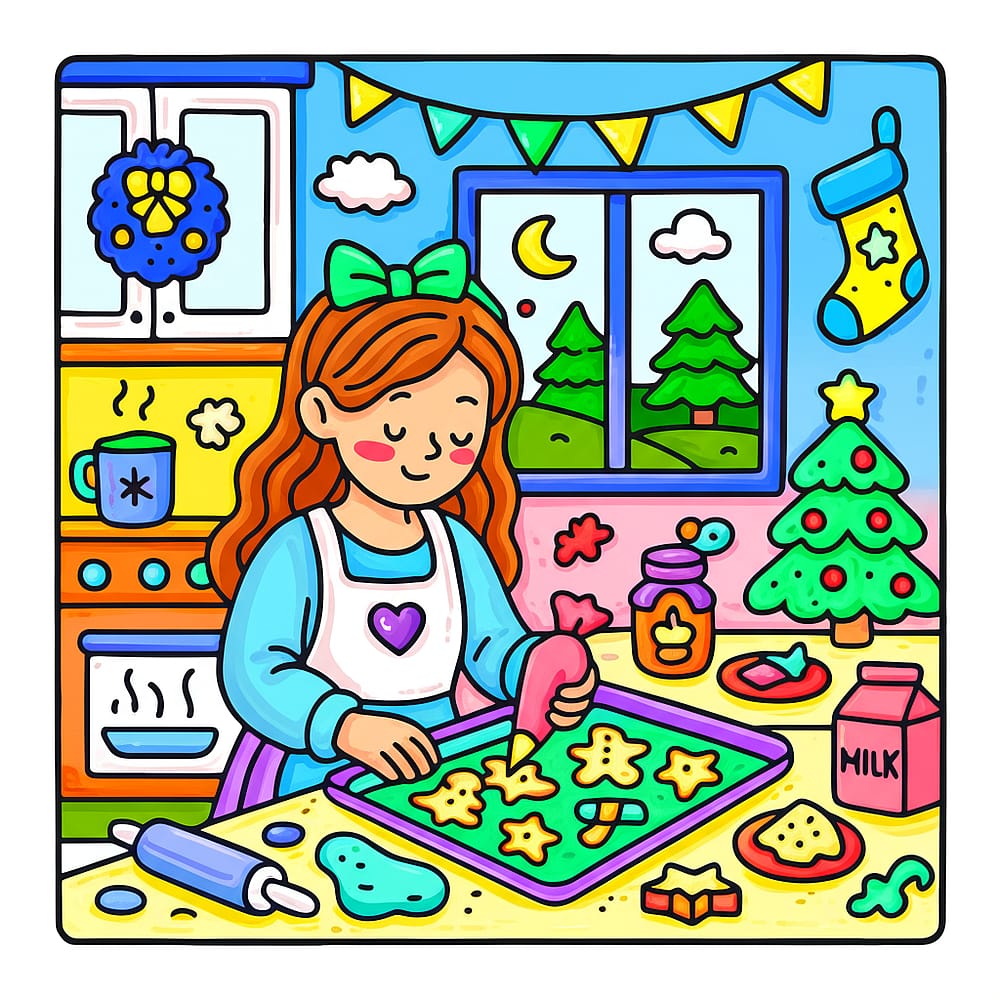 Girl Baking Christmas Cookies Coloring Page colored version