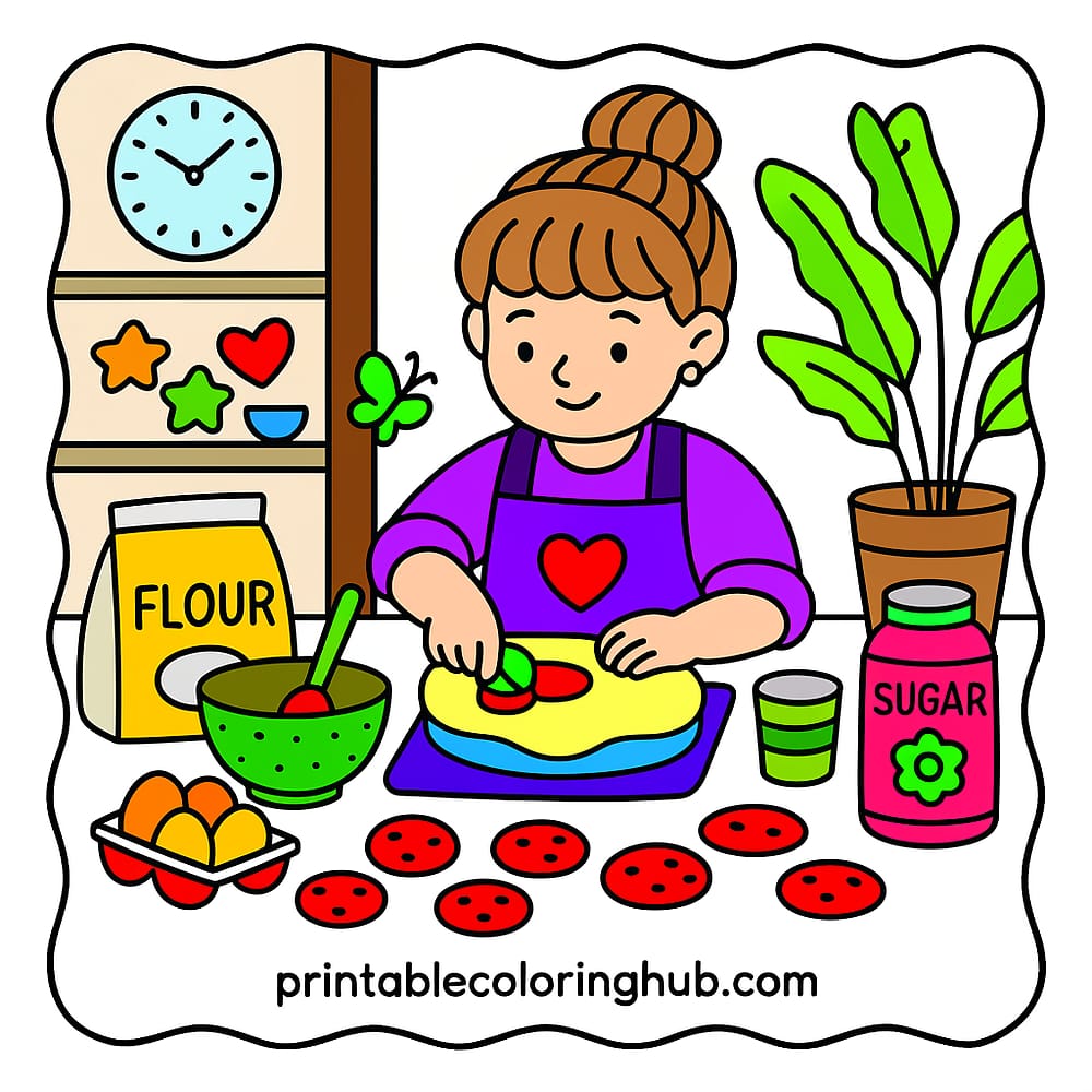 Cheerful Girl Baking Cookies Coloring Page colored version