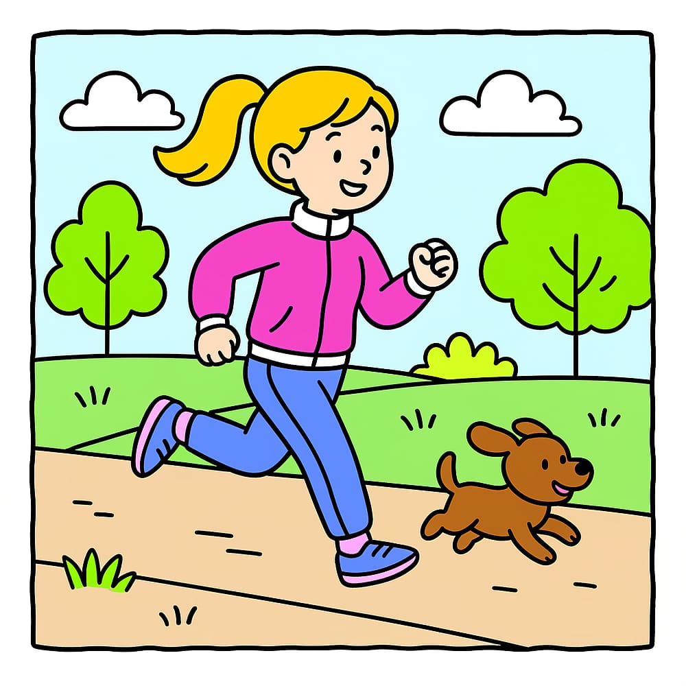 Girl Jogging with Dog in Park Coloring Page colored version