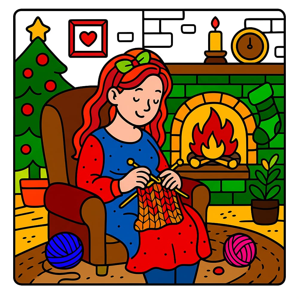 Cozy Christmas Knitting Scene colored version