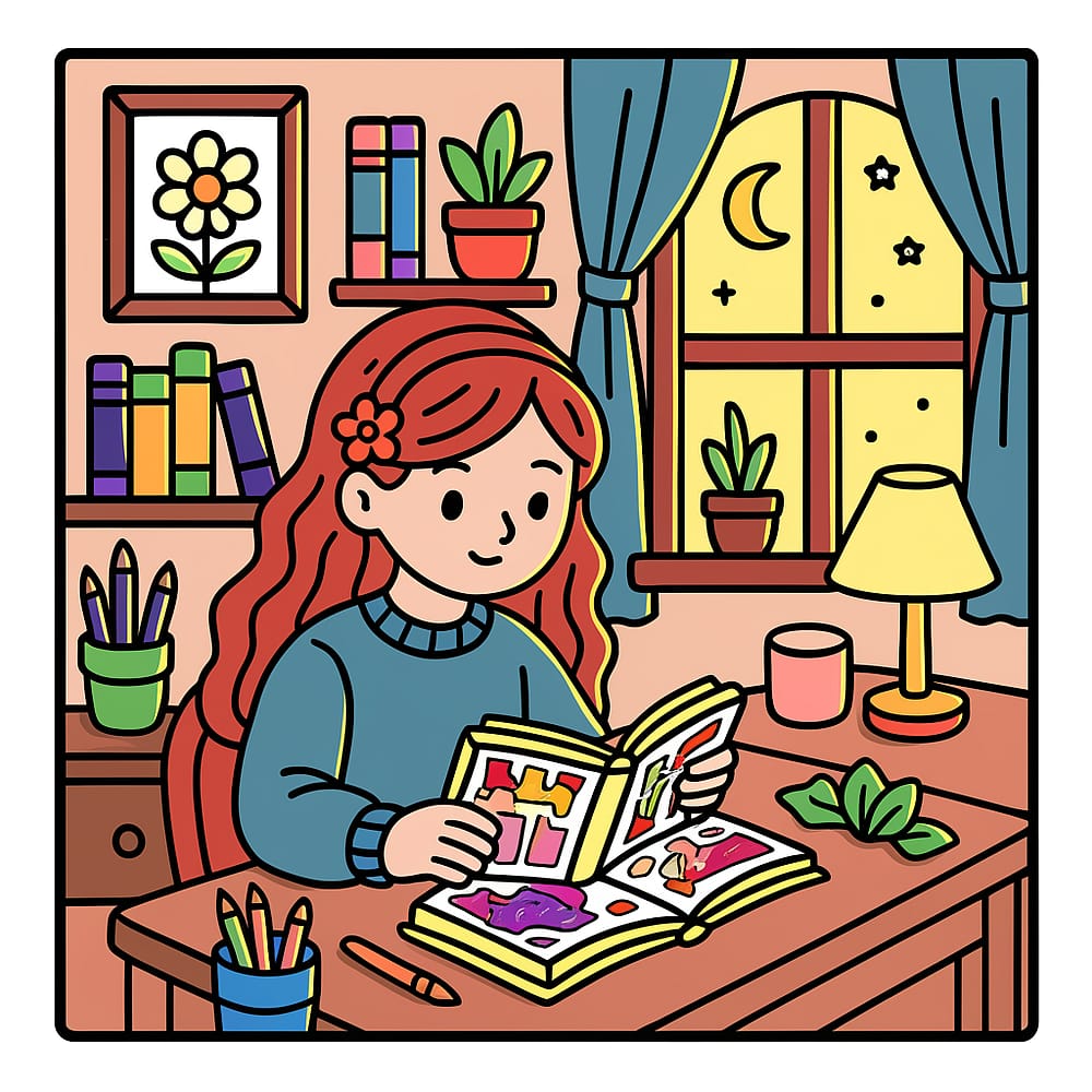 Girl Studying Cozy Night Scene Coloring Page colored version