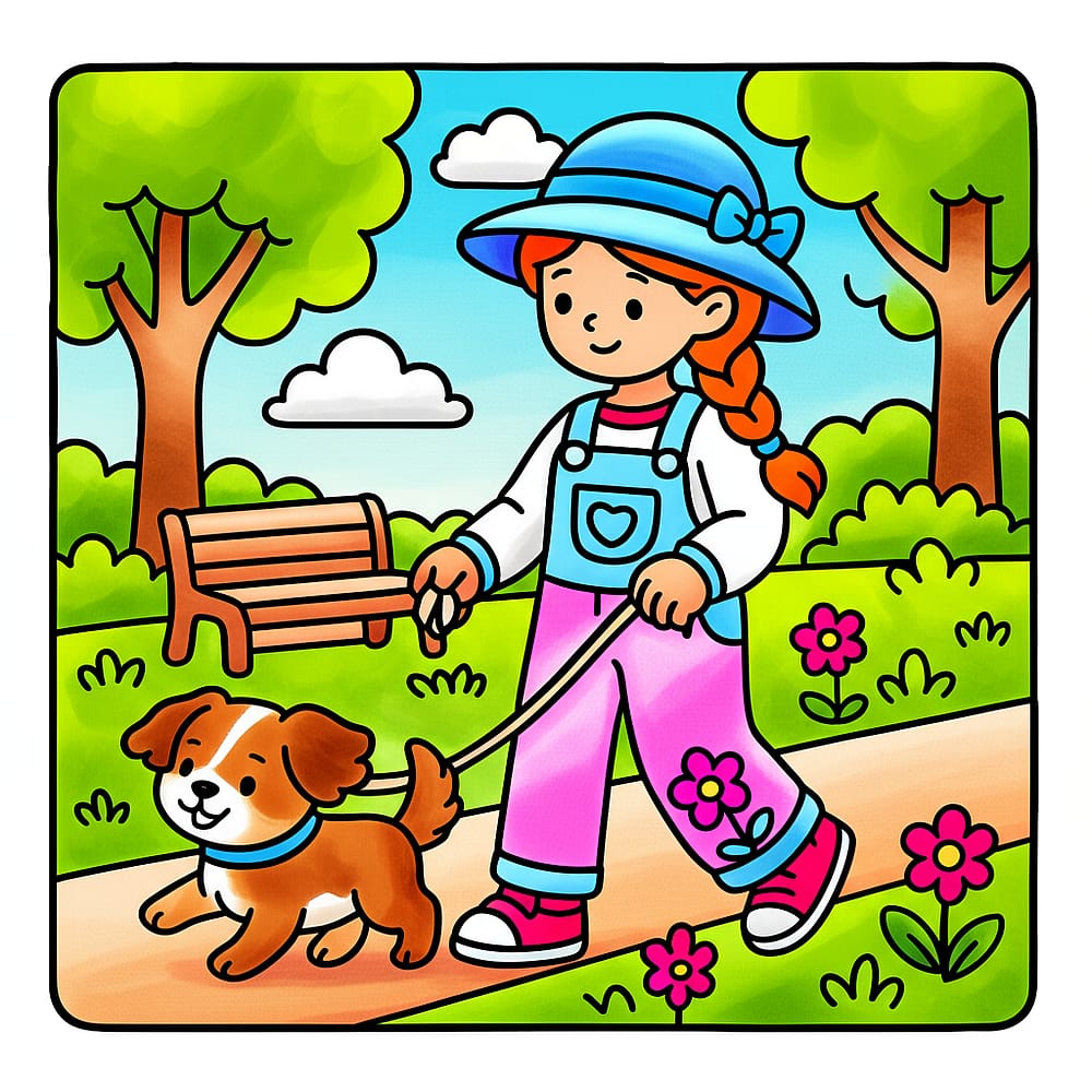 Sunny Park Day with Puppy Coloring Page colored version