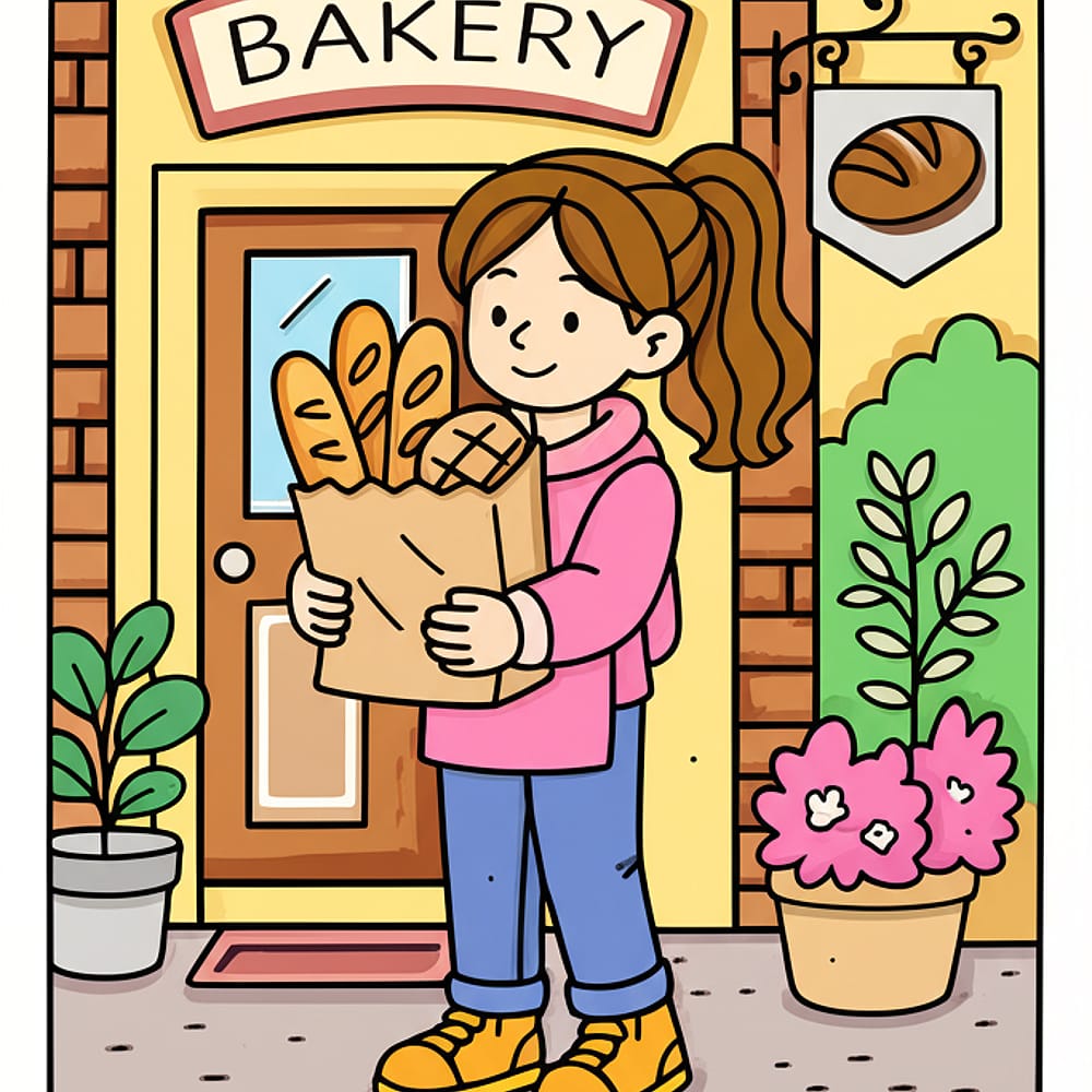 Girl with Fresh Bakery Bread Coloring Page colored version