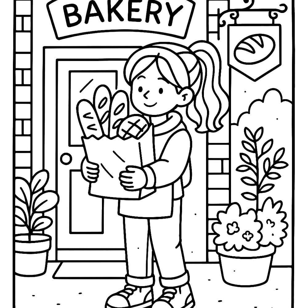 Girl with Fresh Bakery Bread Coloring Page coloring page