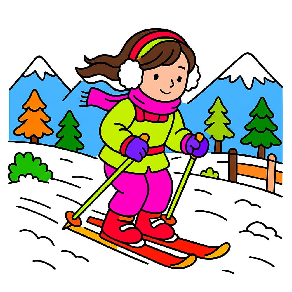 Girl Skiing Snowy Mountains Coloring Page colored version