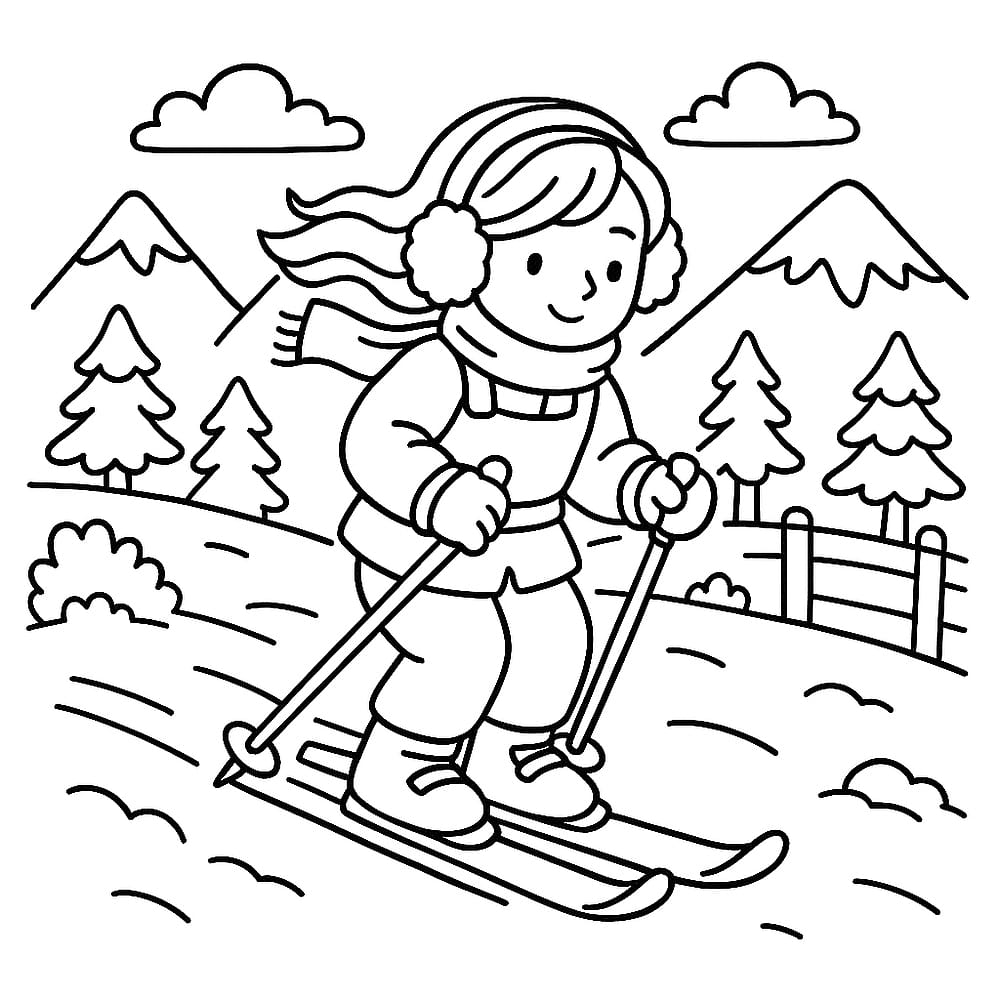 Girl Skiing Snowy Mountains Coloring Page coloring page