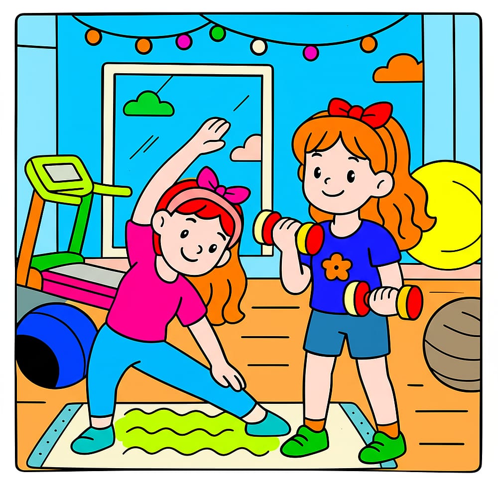 Energetic Girls Gym Workout Coloring Page colored version
