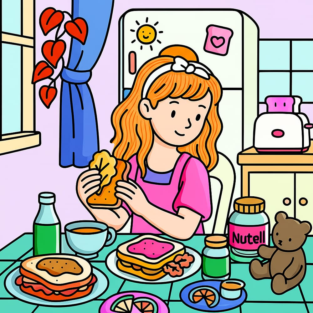 Girl's Sunny Sandwich Time Coloring Page colored version
