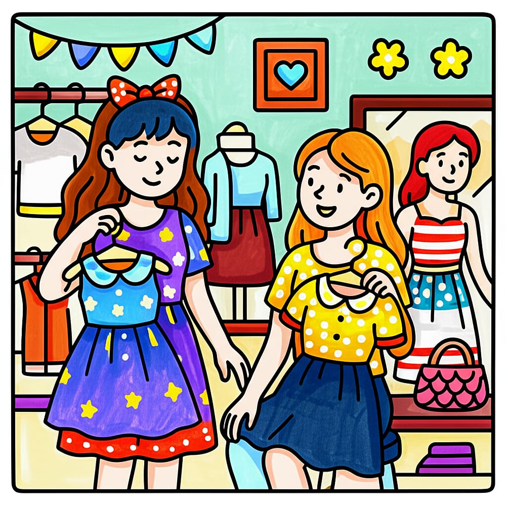 Girls' Boutique Adventure Coloring Page colored version