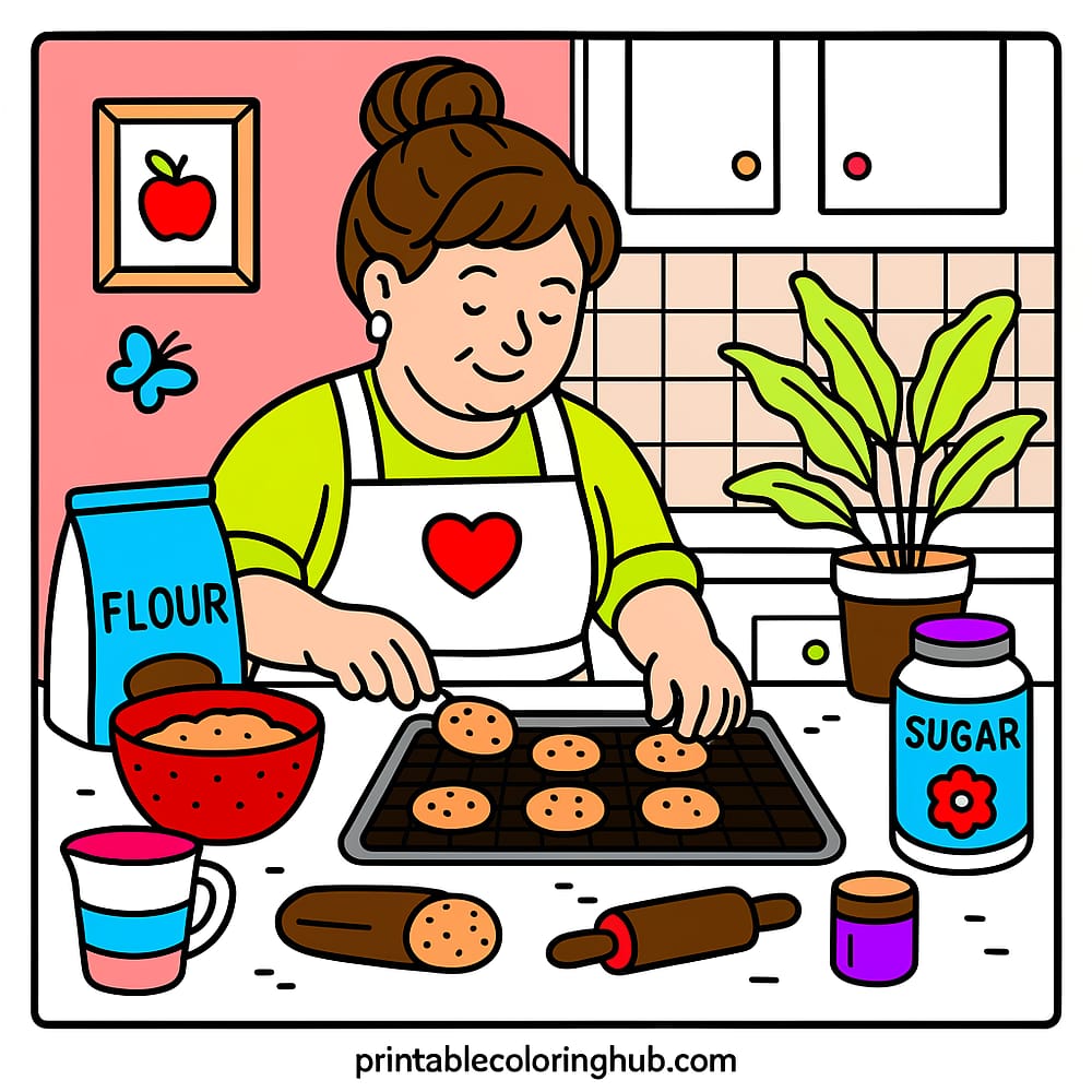 Grandma's Cozy Cookie Kitchen Coloring Page colored version