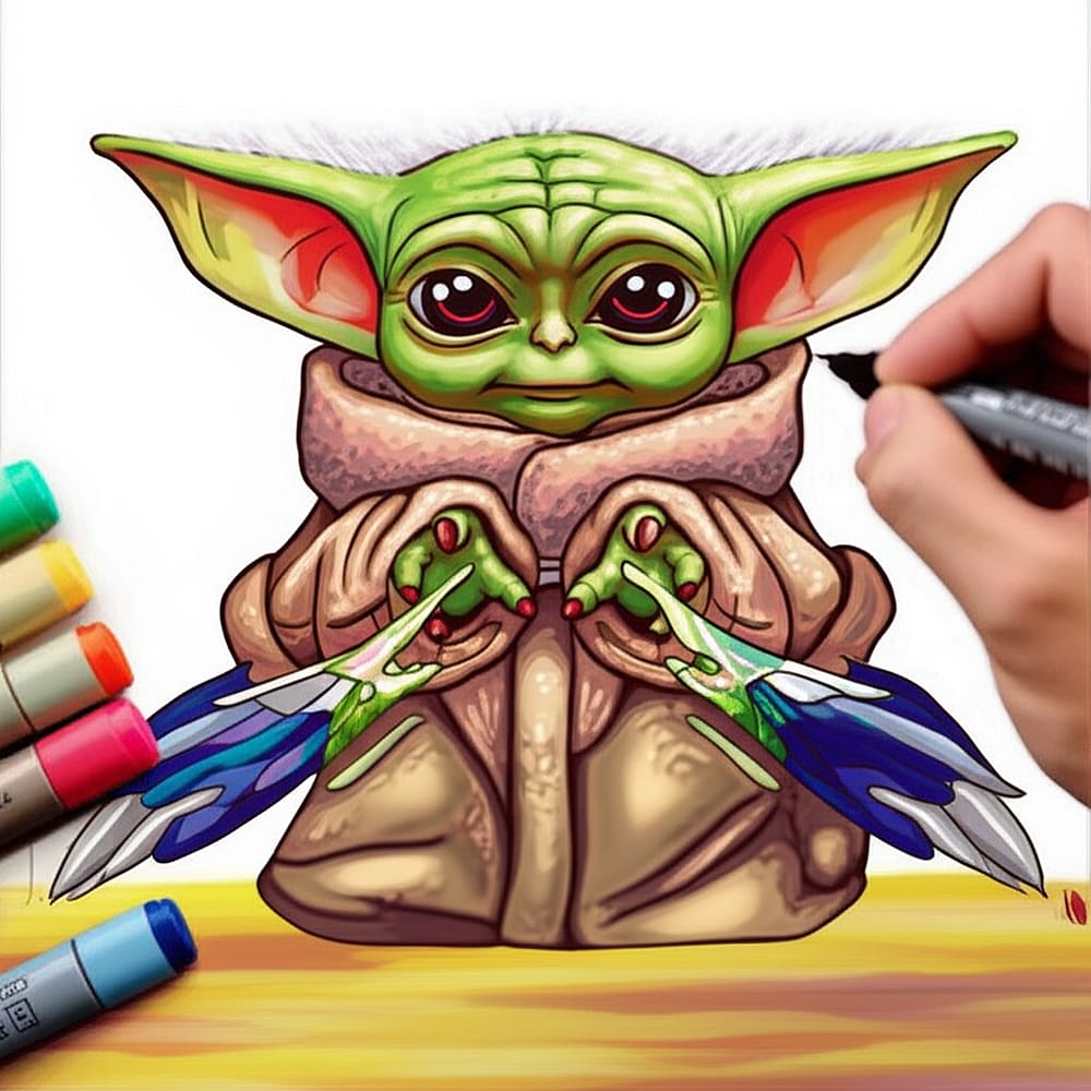 Grogu's Force Power Unleashed Coloring Page colored version