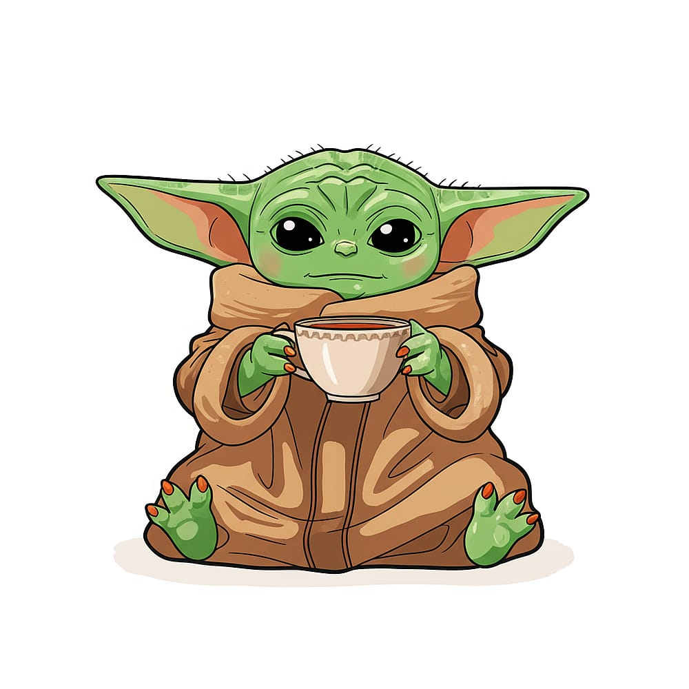 Cute Grogu Sipping Drink Coloring Page colored version
