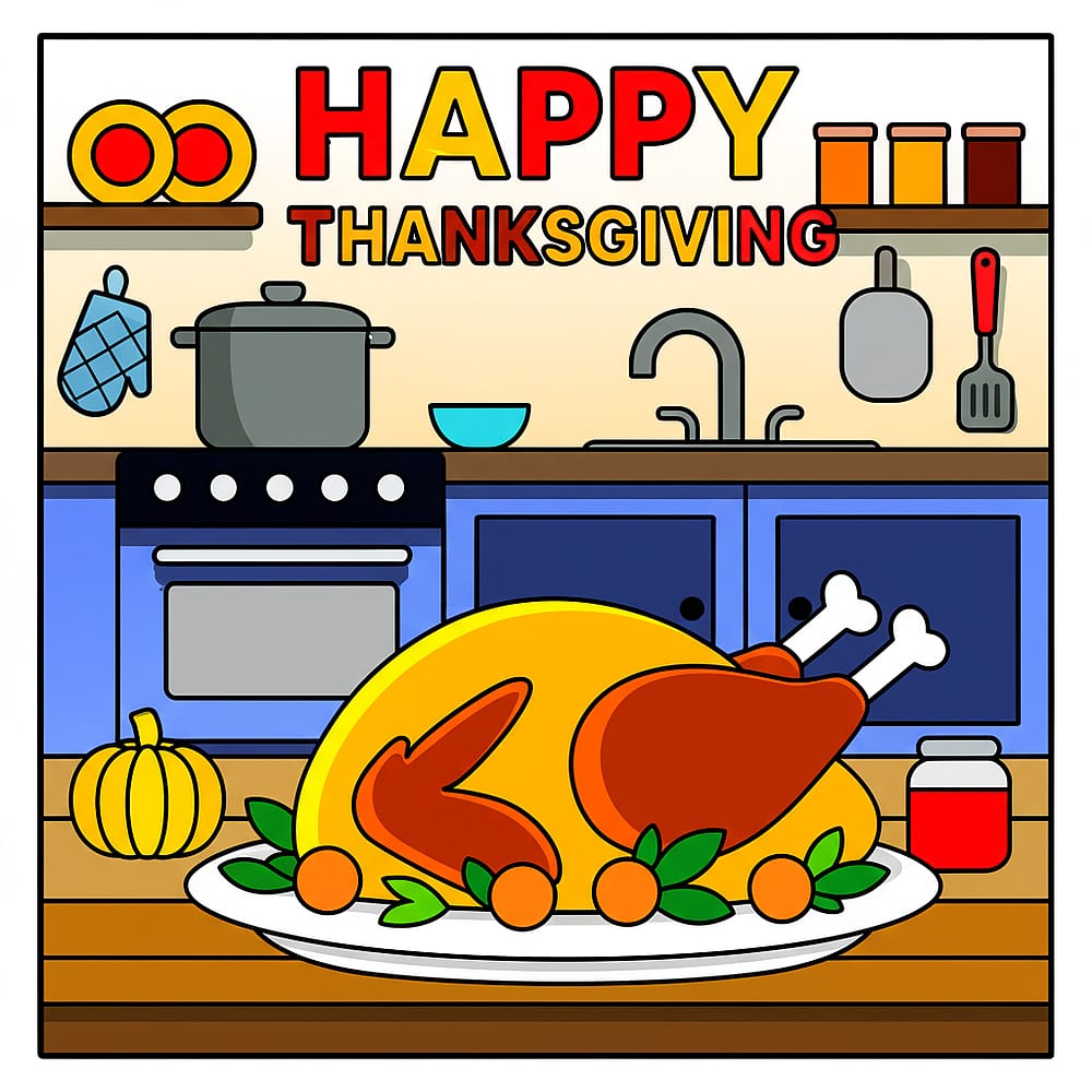 Happy Thanksgiving Kitchen Feast Coloring Page colored version