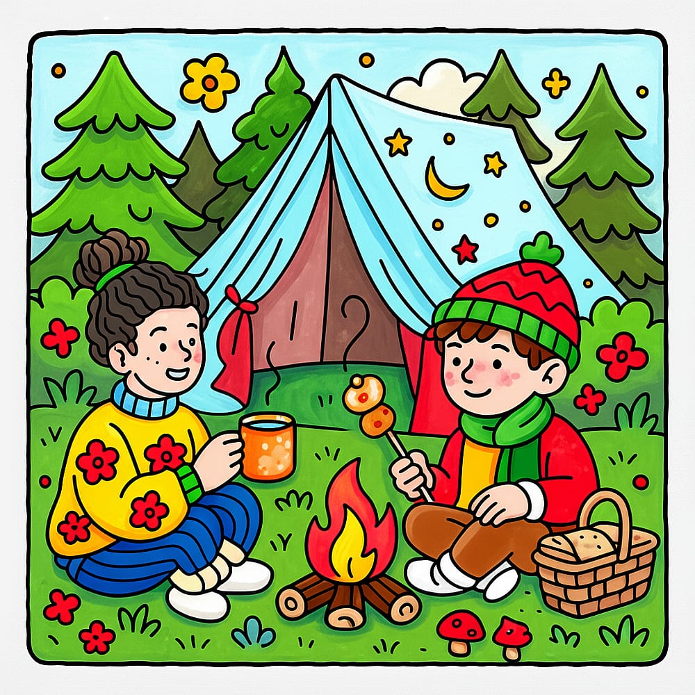 Cozy Kids Campfire Night Coloring Page colored version