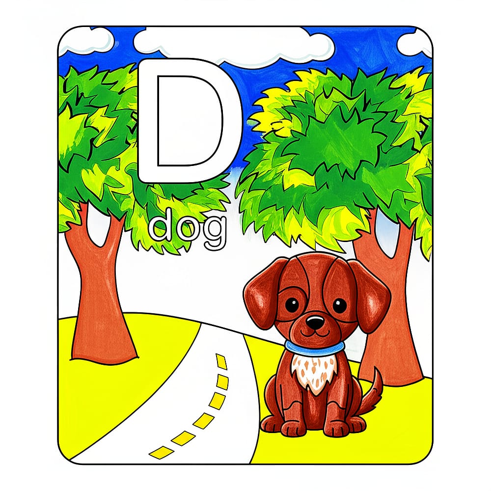 Letter D Dog Delight Coloring Page colored version