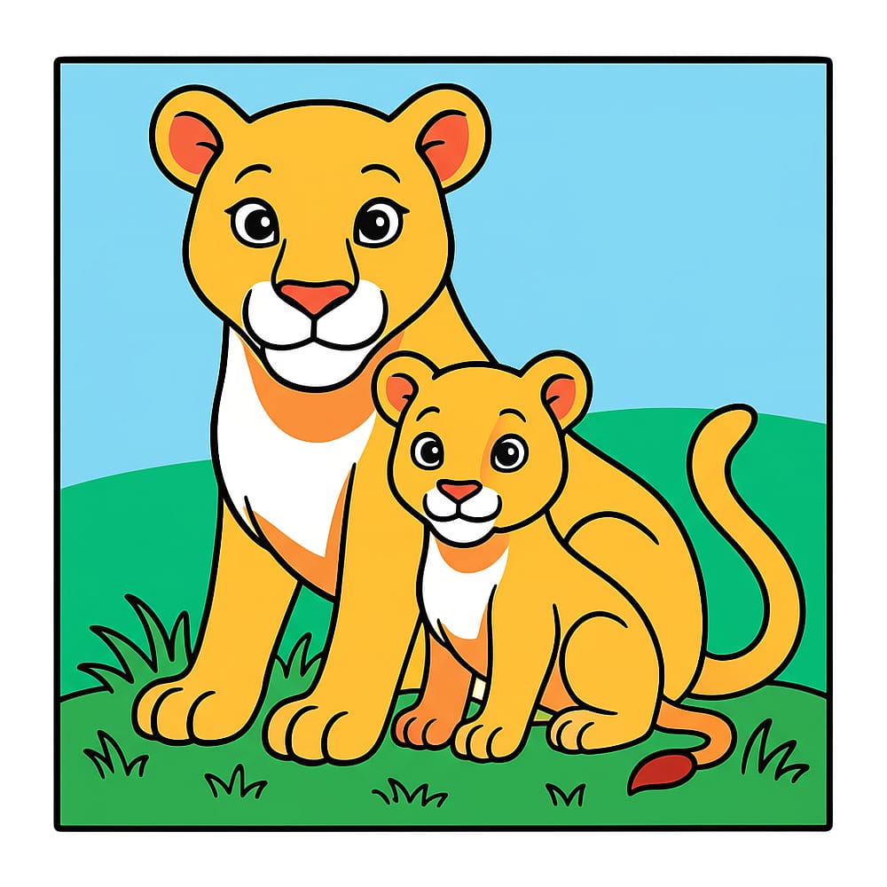Majestic Lioness and Cub Coloring Page colored version
