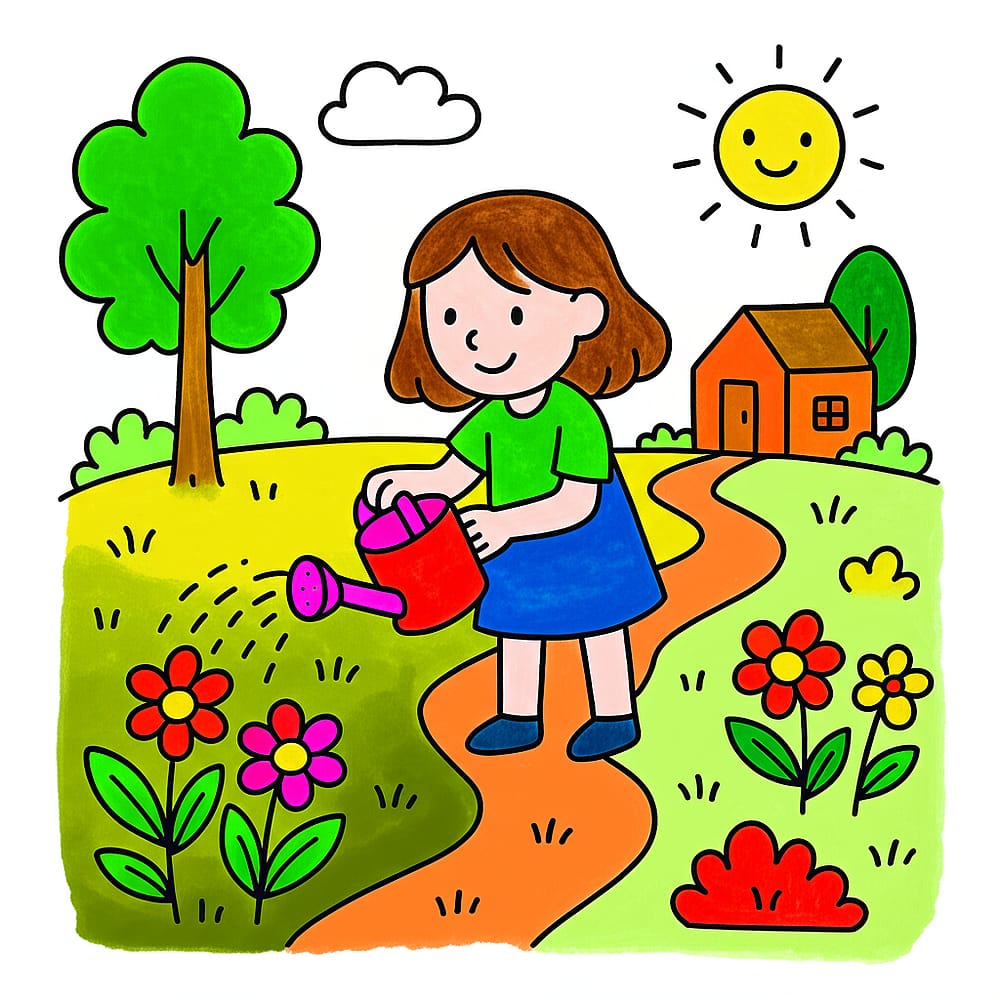 Little Gardener's Sunny Day Coloring Page colored version