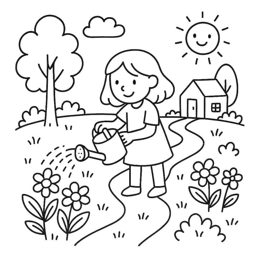 Little Gardener's Sunny Day Coloring Page coloring page