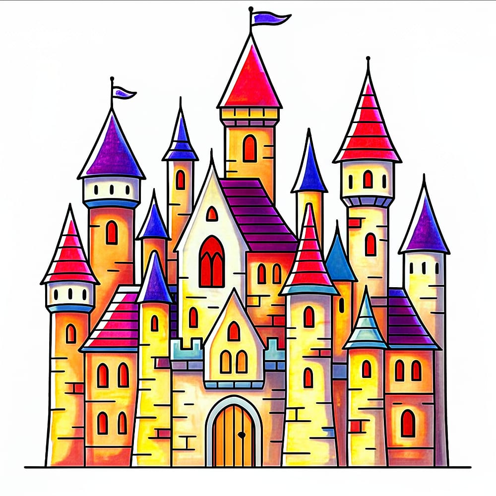 Magical Castle Towers Coloring Page colored version