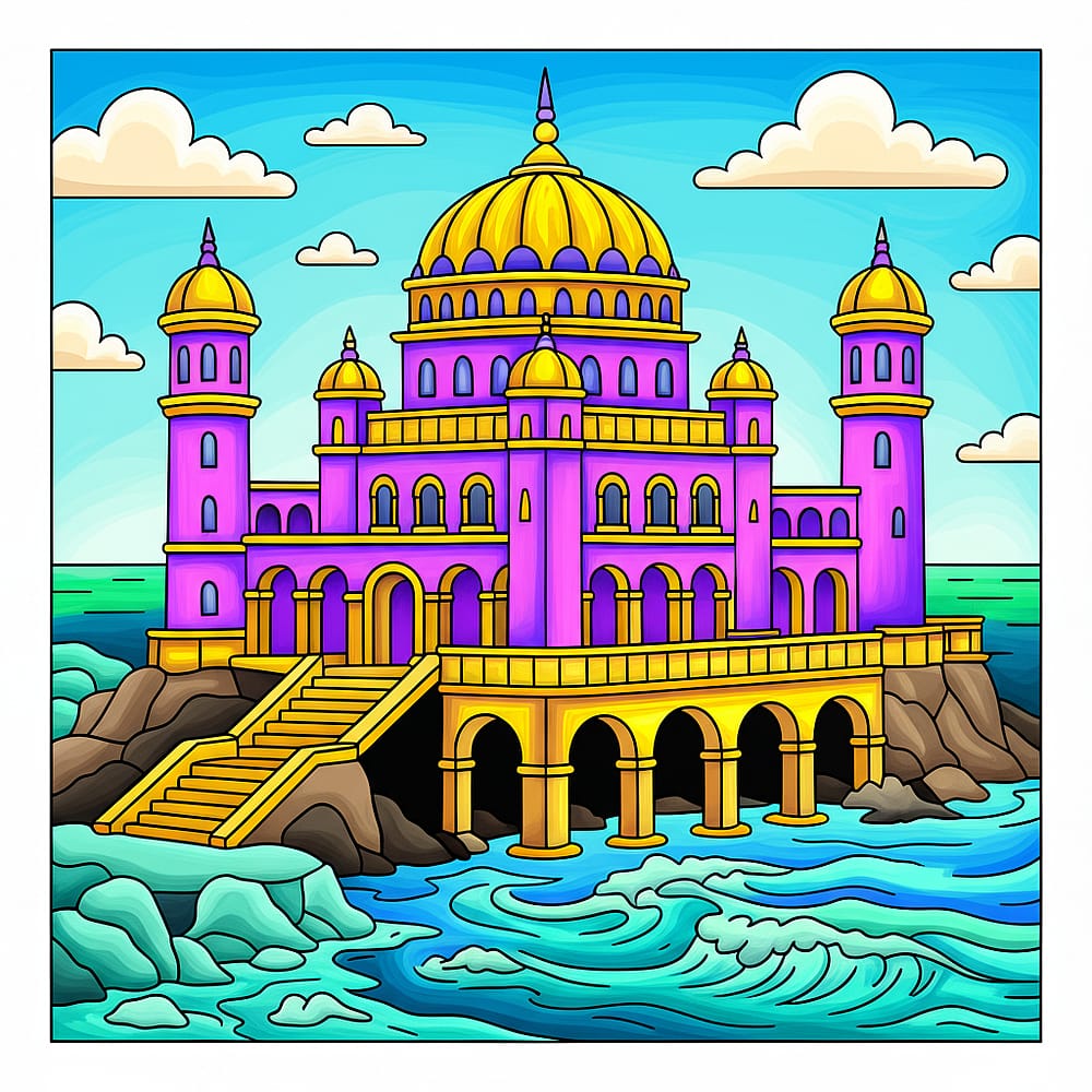 Majestic Seaside Palace Coloring Page colored version