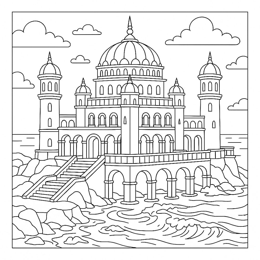 Majestic Seaside Palace Coloring Page coloring page